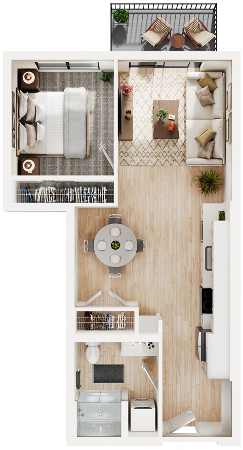 Floor plan for 1 bed, 1 bath, 602 sqft